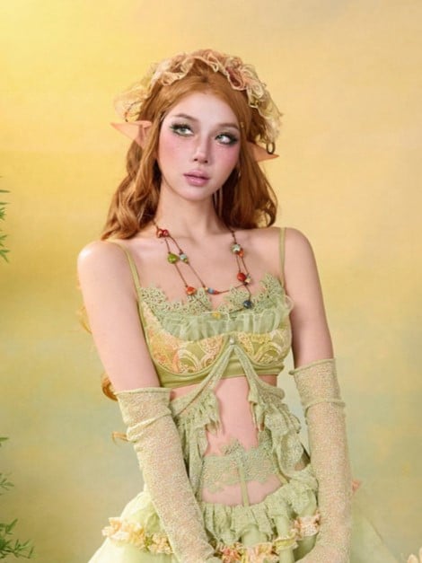 Green & Yellow Summer Fairycore Mori Kei Sleeveless Top with Lace Trim - Virtual Orbit