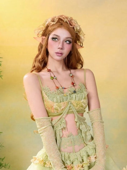 Green & Yellow Summer Fairycore Mori Kei Sleeveless Top with Lace Trim - Virtual Orbit