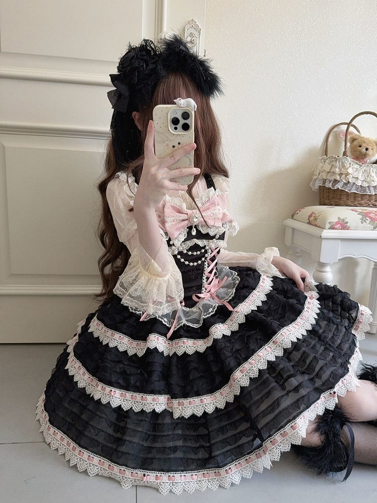 Details Chain Bow Lace-up JSK Lolita Bead with Accent Dress Blafck