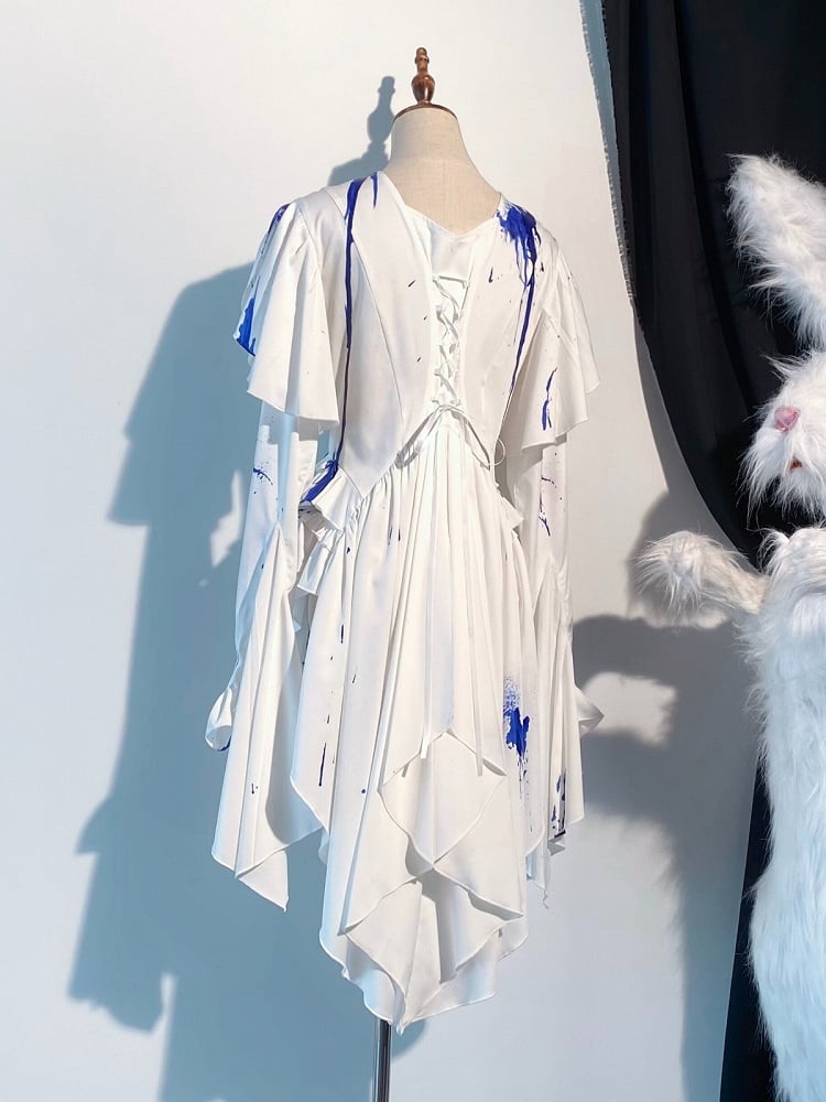 Gothic Ouji Lolita White & Blue Bloodstain Ruffled Long Sleeve Shirt with Asymmetric Tail Accents - Tonight's White