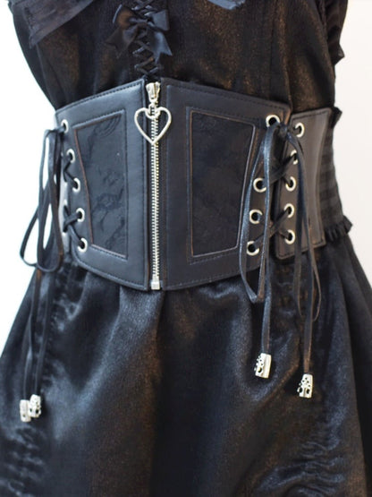 Gothic Schwarzer PU-Korsettgürtel mit Schnürung und Reißverschluss
