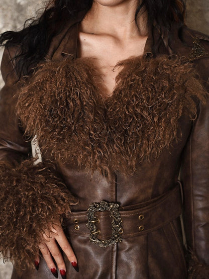 Brown Vintage Mailard Winter Padded Coat Leather Fabric