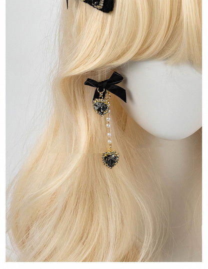 Kei Rhinestones / Dusty Pink Bow Ear Jirai Beaded | Clips White Heart Black Chain with