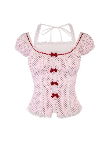 Bow Accents Top Polka-dot Sleeves Lace Halter Puff Red With