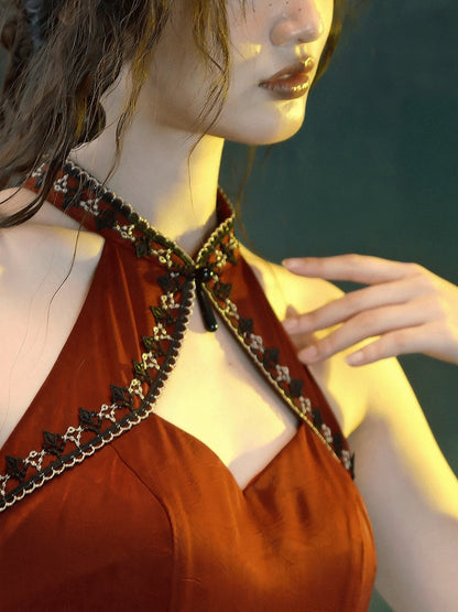 Wine Red Qipao Long Dress with Detachable Shoulder Pads - sijinstudio