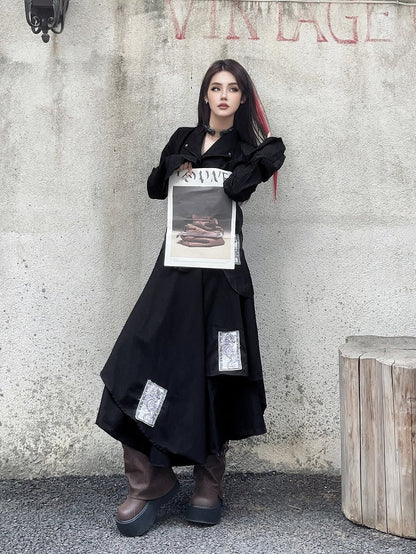 Black Notched Collar Bell Sleeves Punk Asymmetrical Shirt Appliques