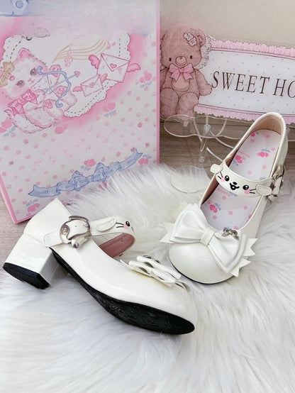 White Sweet Lolita Mid-heel Mary Janes with Puppy Details & Top Bow