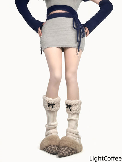 Footed Warmers Knitted Ruffled Leg with Colors 5 Fleece Bows