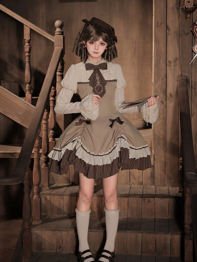 Brown Striped Faux-Layered Lolita Dress Set with Drawstring, Cape, Jabot & Mini Hat - With PUJI