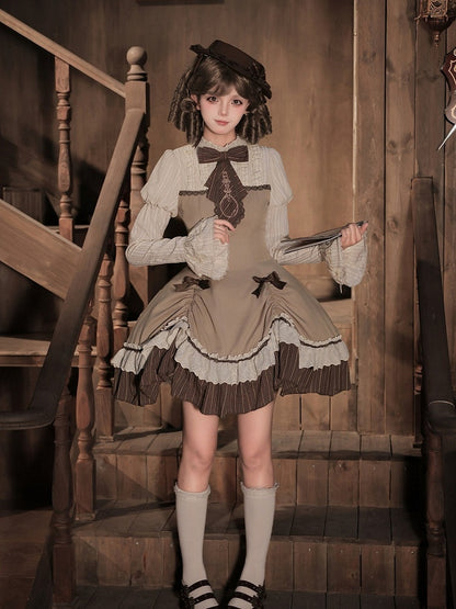 Brown Striped Faux-Layered Lolita Dress Set with Drawstring, Cape, Jabot & Mini Hat - With PUJI