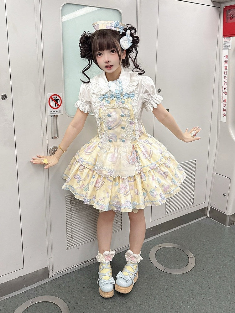Charming Yellow Overall Gown with Bow Detail and Removable Apron Set - Vcastle