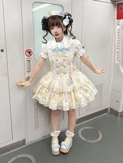 Charming Yellow Overall Gown with Bow Detail and Removable Apron Set - Vcastle