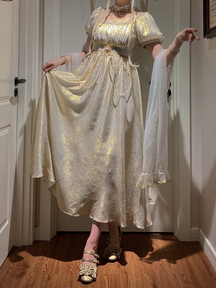 Champagne Empire Waist Lolita OP Dress with Beadwork - Qian Mu
