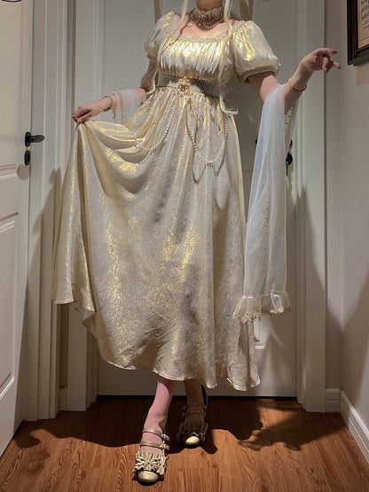 Champagne Empire Waist Lolita OP Dress with Beadwork - Qian Mu