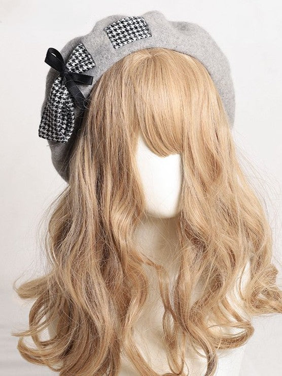 4 Color Options Lolita Houndstooth Bowknot Beret
