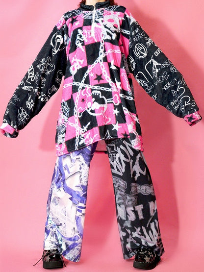 Und Skelett Karierte Krone Y2K Print Stern Oversize Muster Sweatshirt Schwarz