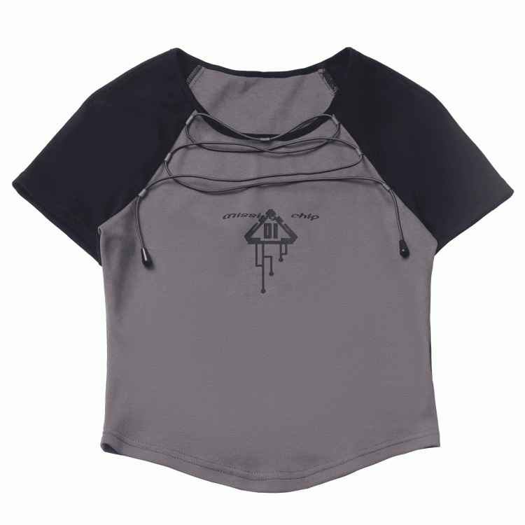 Gray Colorblock Design and Black Techwear T-shirt Lace-up Front