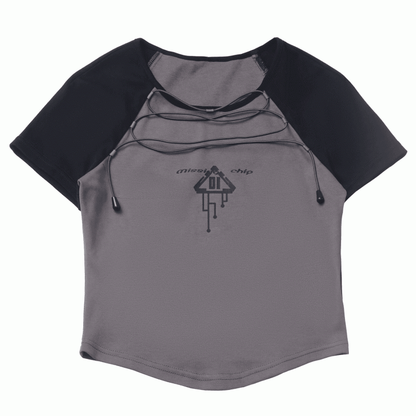 Gray Colorblock Design and Black Techwear T-shirt Lace-up Front