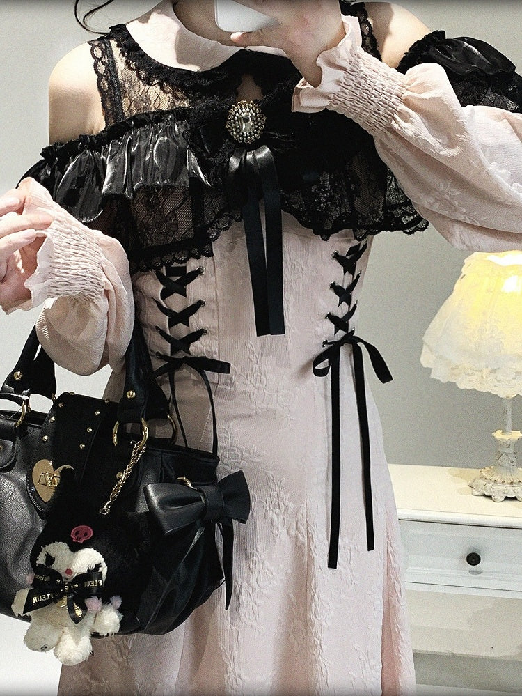 Pink Bow Shoulder Jirai Version Lace Black Long-Sleeve Kei Cutout Dress Decor Rhinestone Long