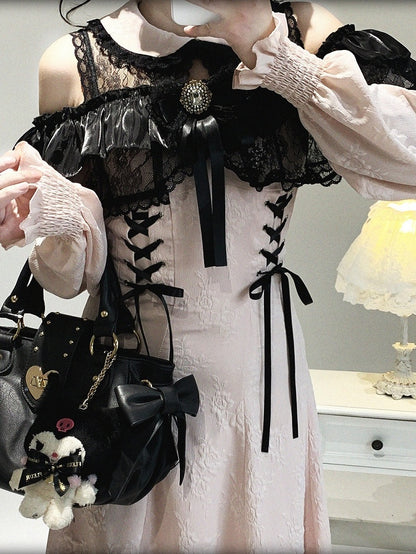 Pink Bow Shoulder Jirai Version Lace Black Long-Sleeve Kei Cutout Dress Decor Rhinestone Long