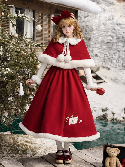 Red Boned Winter Embroidery Plush Apple and Dress Waist Hemline Under with Lolita Bust
