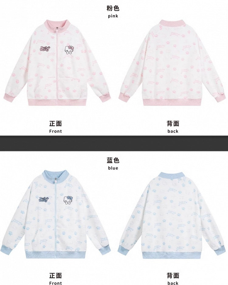 ブラック/ピンク/ライトブルーのキティ柄 ジップアップ スウェットシャツ