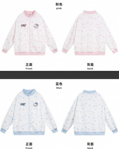 ブラック/ピンク/ライトブルーのキティ柄 ジップアップ スウェットシャツ