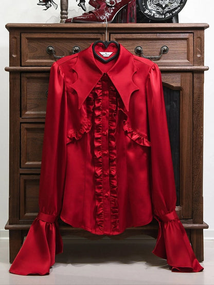 Shirt with Sleeves Lolita Ruffled Bat-Wing Red Collar Long Gothic Curved
