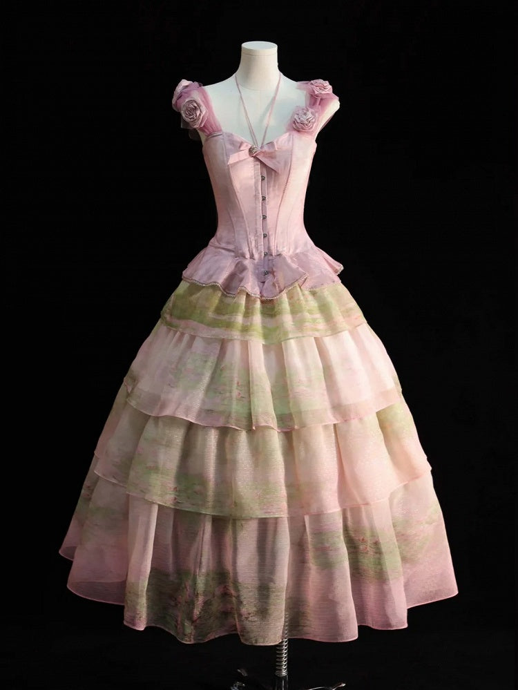 Korsagen-Top mit abnehmbarem Blumenschmuck, Saumvolant, Rosa