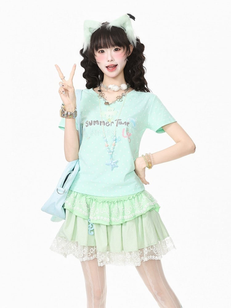 Green Summer Kawaii Letter Print V-Neck Short Sleeve T-Shirt with Starfish Necklace - Languid Park