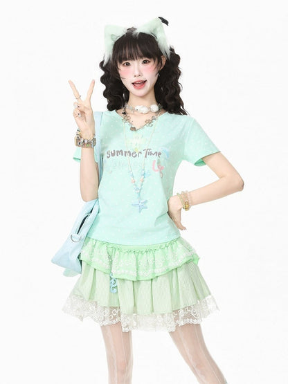 Green Summer Kawaii Letter Print V-Neck Short Sleeve T-Shirt with Starfish Necklace - Languid Park