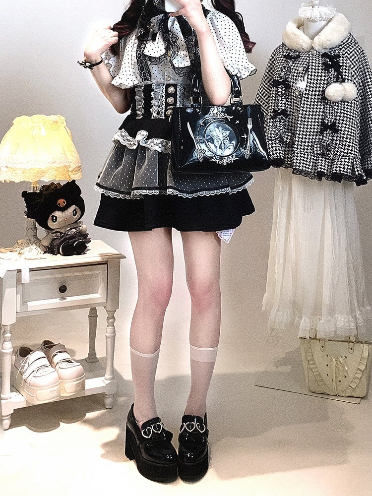 Chiffon Sleeve Polka-dot White/Black Cape Blouse: Jirai Kei