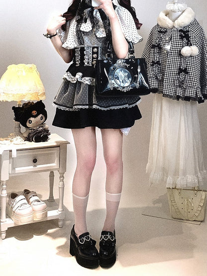 Chiffon Sleeve Polka-dot White/Black Cape Blouse: Jirai Kei