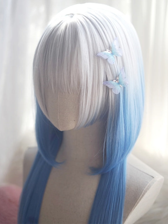 Schwarze/braune/hellblonde/weiß-blaue, hüftlange, glatte Perücke mit vollem Pony