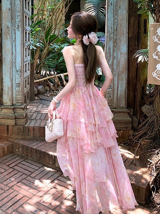 Pink Oil Painting Print Ruffle Trim Summer Holiday Dress - Qchiwawameme