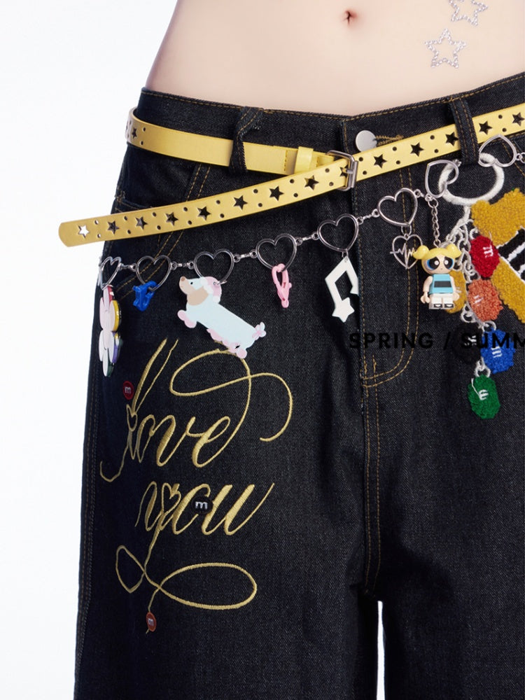 Wide-leg Jeans Print Vintage Letter Waist Charm and Black Low