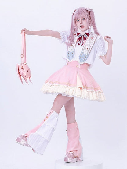 Leg Lolita Warmers Pink + Blouse Set Collar Skirt Ruffled Detachable