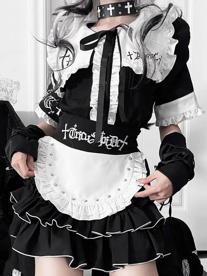 Front Gothic Sleeve Bow Metal with Lacing Tie Short Lace-Trimmed Back White Eyelet Top Black