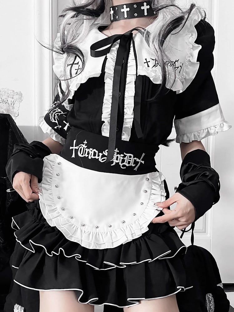 Embroidery Gothic Ruffle Apron with Tiered White Waist Studded Black Letter Skirt