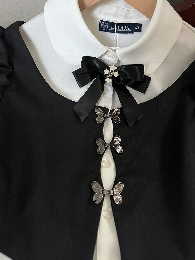 Black And White Gothic Butterfly Buckle Fake Two-piece Design Top＋ Black Tea Length Skirt Set