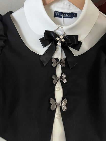 Black And White Gothic Butterfly Buckle Fake Two-piece Design Top＋ Black Tea Length Skirt Set