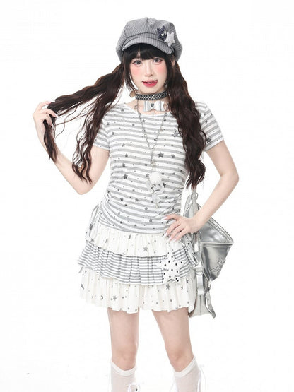 Gray Striped Star Pattern Tee with Drawstring - Languid Park