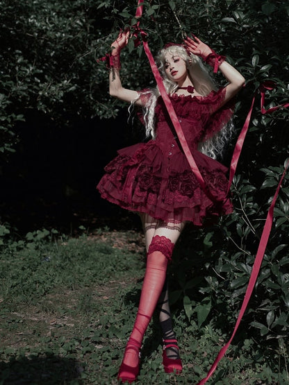 Roses Design Red Lolita Skirt Gothic