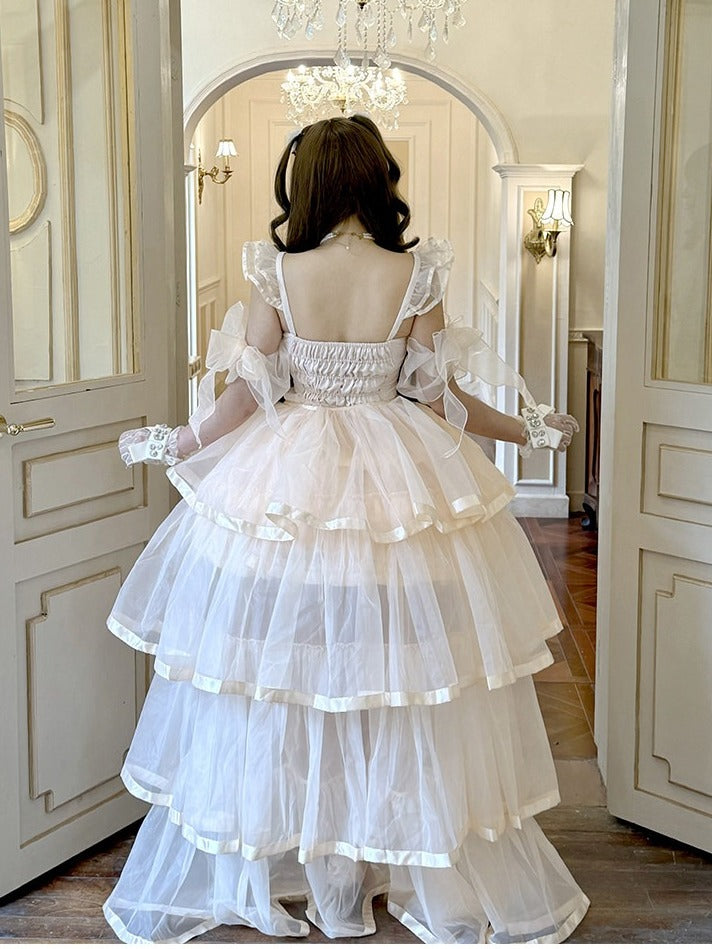 Pink Romantic Lolita Jumper Dress with Train and Sleeves - Diamond Honey