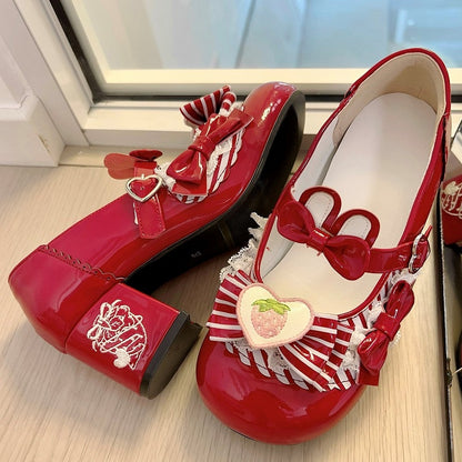 Wine Red Bunny Themed Sweet Lolita Mid-heel Mary Janes with Striped Bow, Bunny Ear Accents & Heart Snap Closure