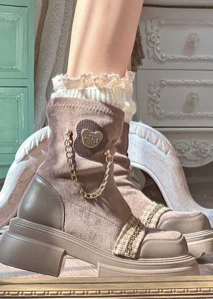 with Design Boots Brown Platform Chains Ornamental School Slip-on Heeled 4.5cm Style