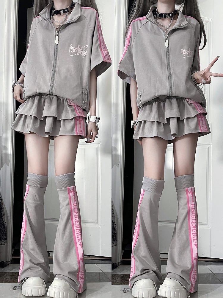 Cross Gray Jacket Stripes Sleeve Print Punk Zip-Up Pink with Short White Text