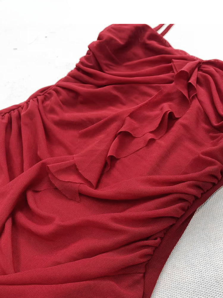 Vintage Red Asymmetrical Ruffled Hem High-low Glamorous Cami Dress