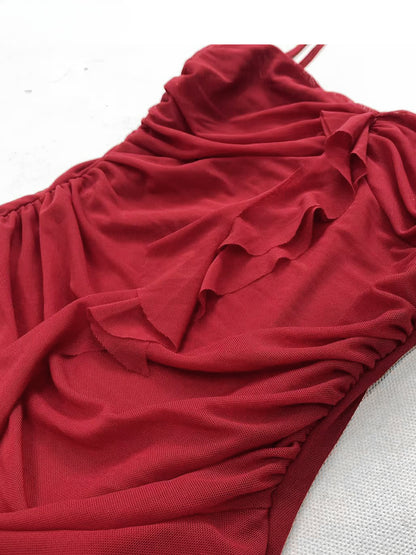 Vintage Red Asymmetrical Ruffled Hem High-low Glamorous Cami Dress