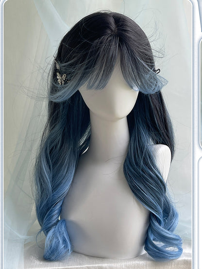 Color Ombre Blue Wavy and Black With Wigs 65cm Hair Long Air